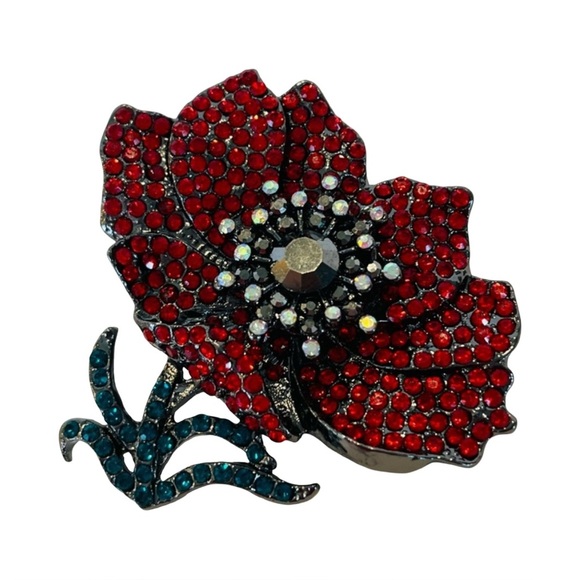 Jewelry - Vintage Red and Teal Crystal Poppy Brooch with Magnetic Clasp